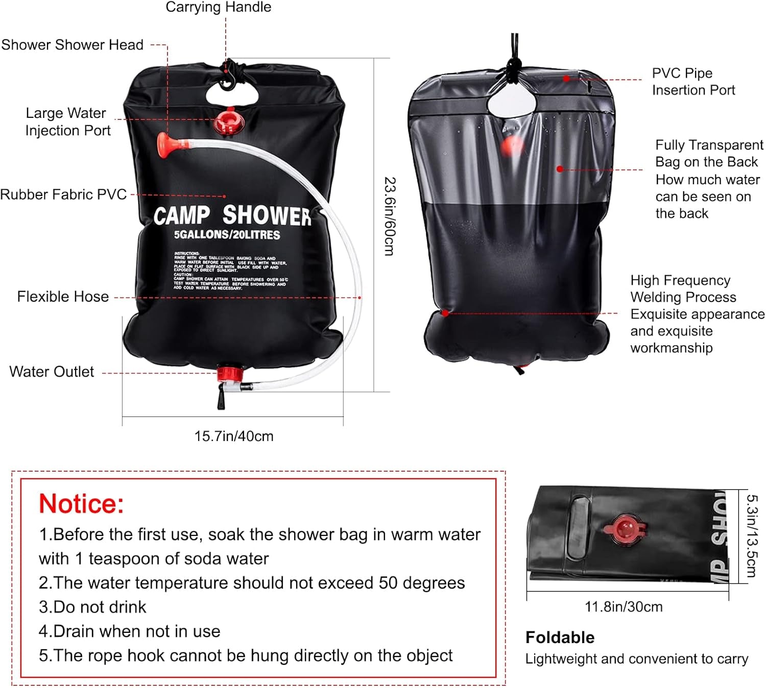 2 Pack Solar Shower Bag for Camp, 5 Gallons/20L Portable Camping Shower Bag with Removable Hose and On-Off Switchable Shower Head for Camping Beach Swimming Outdoor Traveling