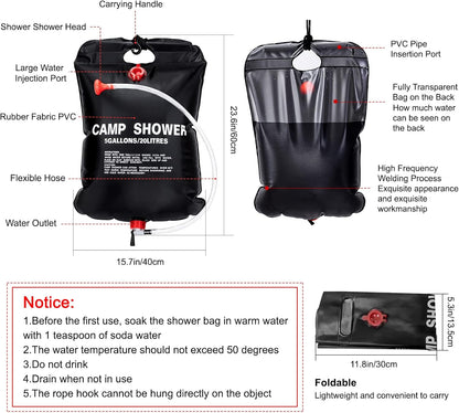 2 Pack Solar Shower Bag for Camp, 5 Gallons/20L Portable Camping Shower Bag with Removable Hose and On-Off Switchable Shower Head for Camping Beach Swimming Outdoor Traveling