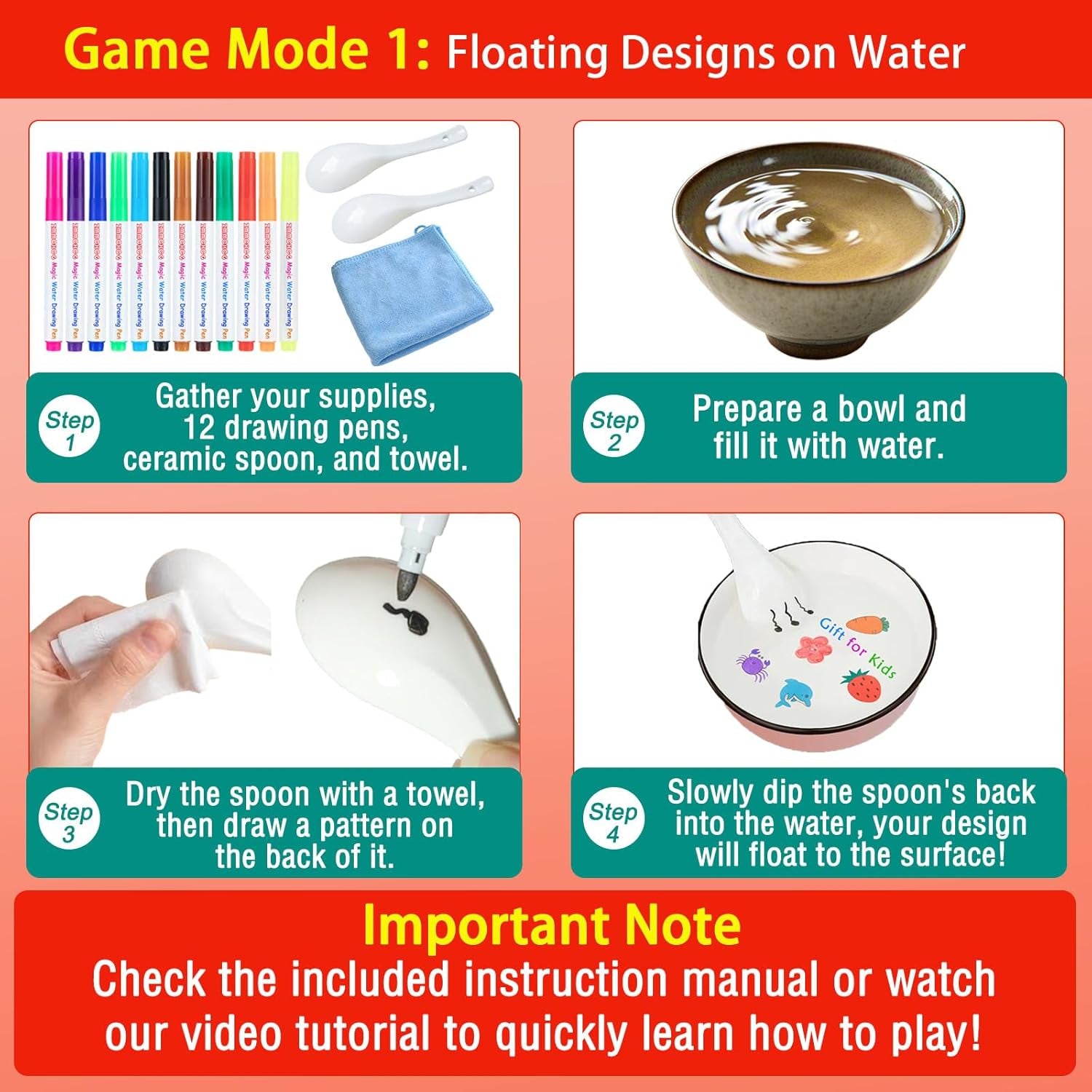 Kiddies Create Magical Floating Drawings Bundle, Magical Drawing Pens for Kids Water, Magic Water Painting Pen Set for Tattoos, DIY Art Ink Marker Kit with Spoons & Towel, Boys Girls Children'S Gifts