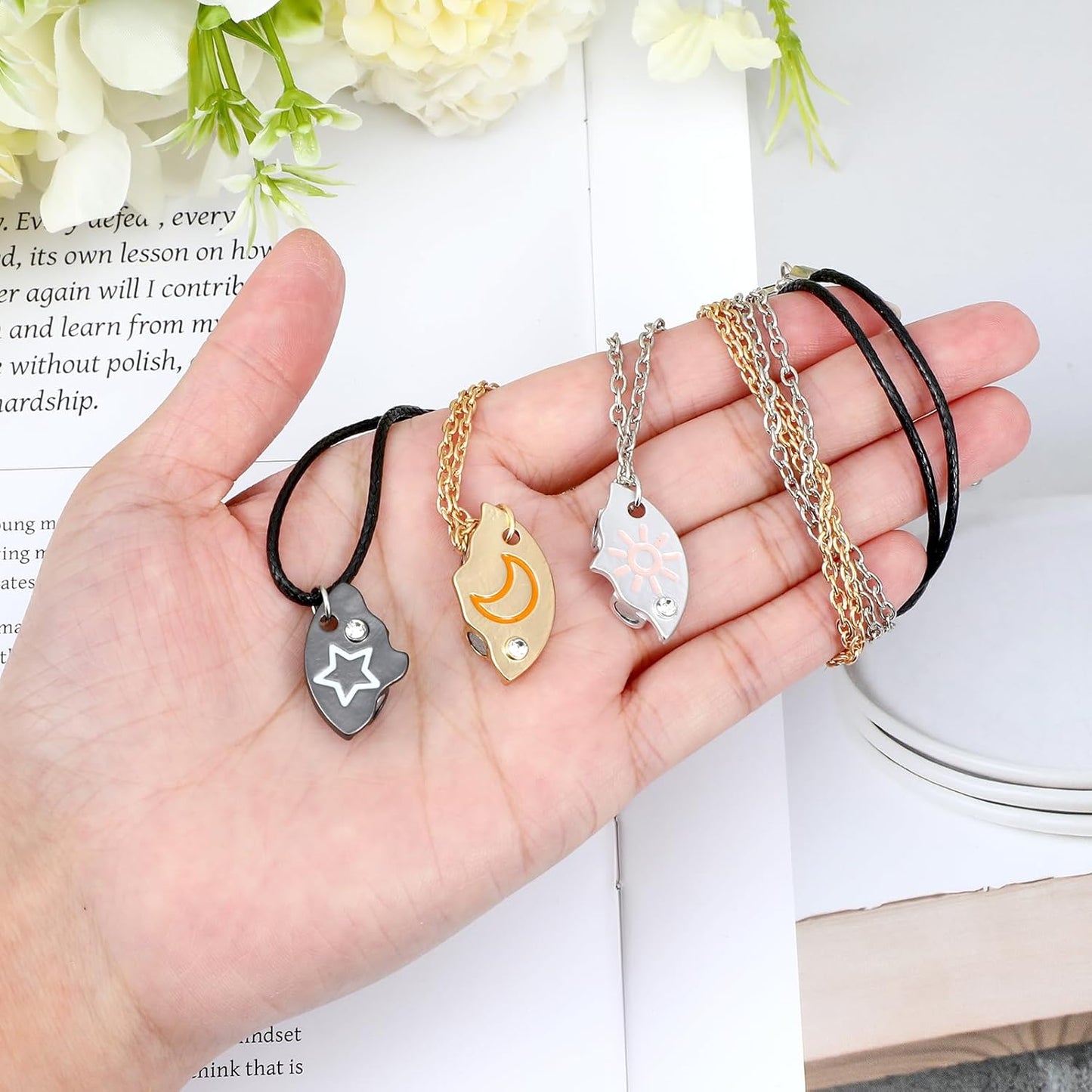 BFF Necklace for 3, Sun Moon Star Puzzle Matching Pendants Cute Friendship Necklaces Jewelry for Women Best Friends Sisters