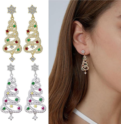 Trendy Zircon Christmas Tree Stud Earrings for Women Crystal Star Dangle Earring Ear Jewelry Wedding Party Eardrop Gift