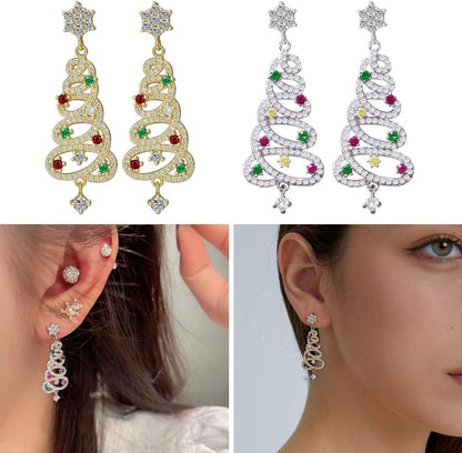Trendy Zircon Christmas Tree Stud Earrings for Women Crystal Star Dangle Earring Ear Jewelry Wedding Party Eardrop Gift