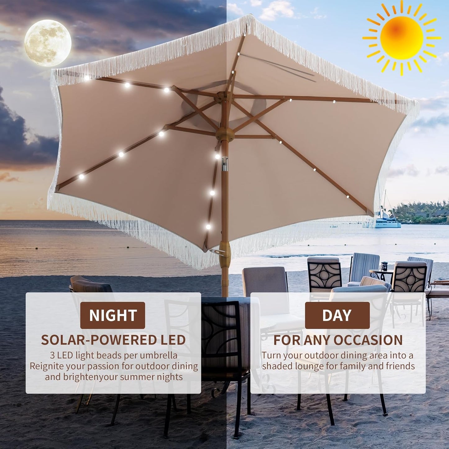 7.5 Ft Fringe Patio Umbrella with 18 LED Solar Lights ，Stylish Fringe Decor for Graden, Pool, Beach, Deck, Khaki