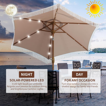 7.5 Ft Fringe Patio Umbrella with 18 LED Solar Lights ，Stylish Fringe Decor for Graden, Pool, Beach, Deck, Khaki