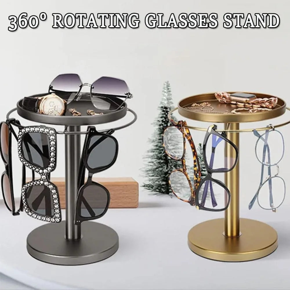 360° Rotating Glasses Stand Organizer Stainless Steel with Tray Eyeglass Display Rack Easy to Install Removable