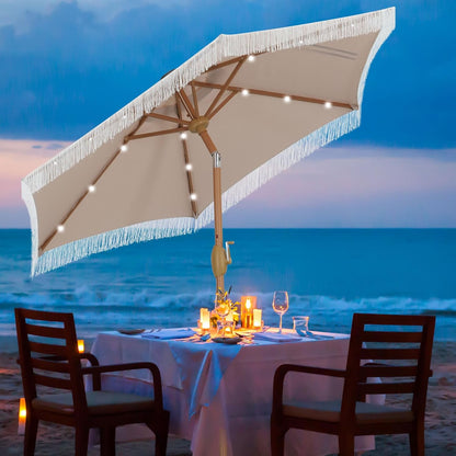 7.5 Ft Fringe Patio Umbrella with 18 LED Solar Lights ，Stylish Fringe Decor for Graden, Pool, Beach, Deck, Khaki