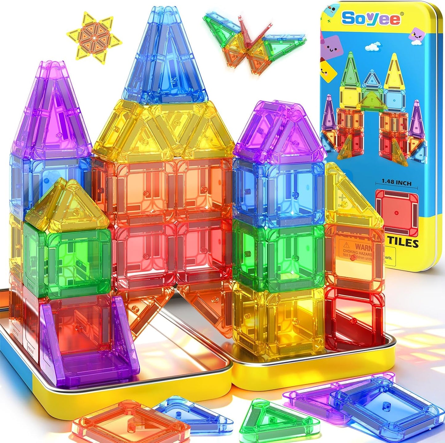 Mini Magnetic Tiles Travel Toddler Toys with Metal Tin Portable STEM Building Kids Toys for 3 4 5 6 7 8+ Years Old Boys & Girls & Birthday Gifts