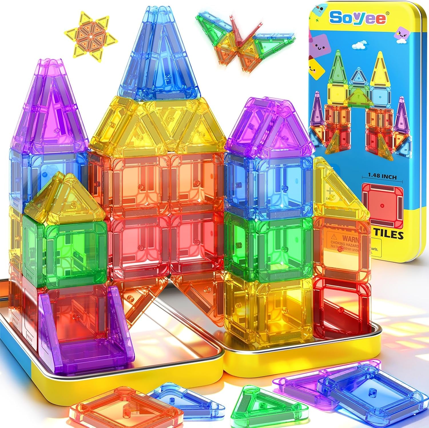 Mini Magnetic Tiles Travel Toddler Toys with Metal Tin Portable STEM Building Kids Toys for 3 4 5 6 7 8+ Years Old Boys & Girls & Birthday Gifts