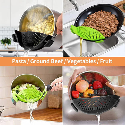 Clip on Strainer for Pots Pan Pasta Strainer, Silicone Food Strainer Hands-Free Pan Strainer, Clip-On Kitchen Food Strainer for Spaghetti, Pasta, Ground Beef Fits All Bowls and Pots (2P)