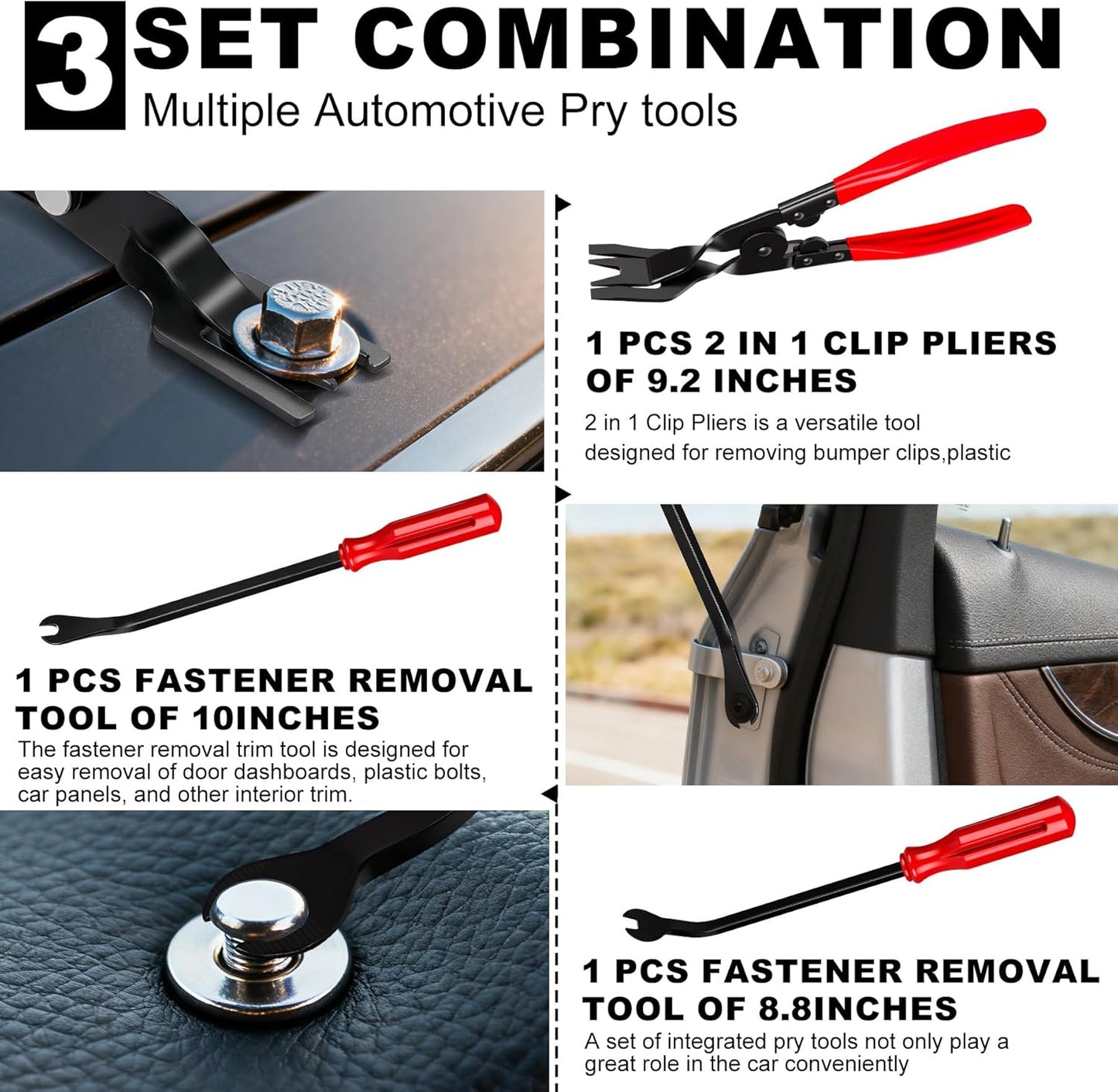 3 PCS Clip Removal Tool,Clip Pliers Fastener Remover,Car Trim Rivet Removal Pry Tool for Automotive Door Panel,Upholstery,Dashboard Red