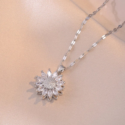 Shiny Rotatable Sunflower Daisy Pendant Necklaces for Women Girls Sweet Stainless Steel Chain Jewelry Accessories Gifts