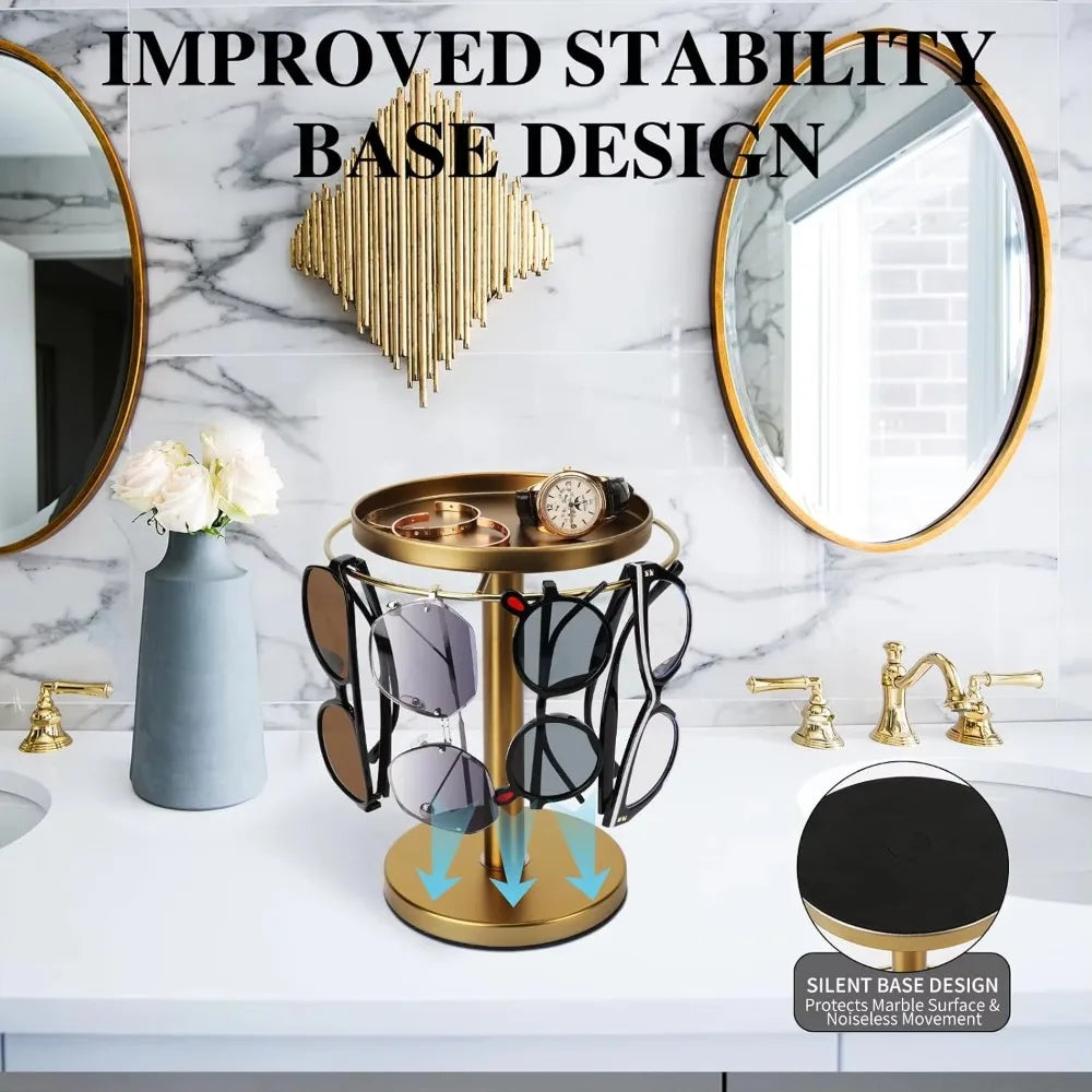 360° Rotating Glasses Stand Organizer Stainless Steel with Tray Eyeglass Display Rack Easy to Install Removable