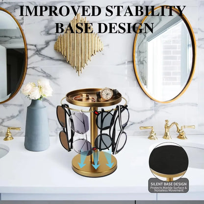 360° Rotating Glasses Stand Organizer Stainless Steel with Tray Eyeglass Display Rack Easy to Install Removable