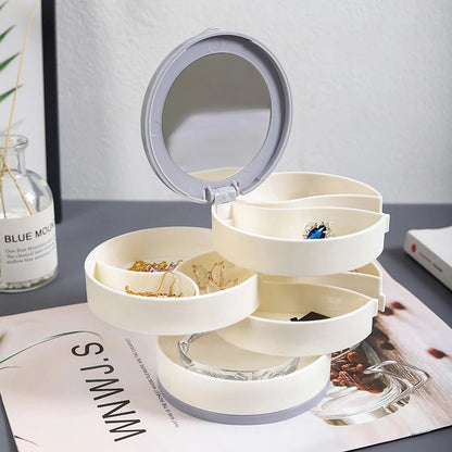 Rotating Four-Layer Jewelry Box Necklace Earrings Ring Bracelet Storage Organizer Multilayer Compartment Storage Box with Mirror
