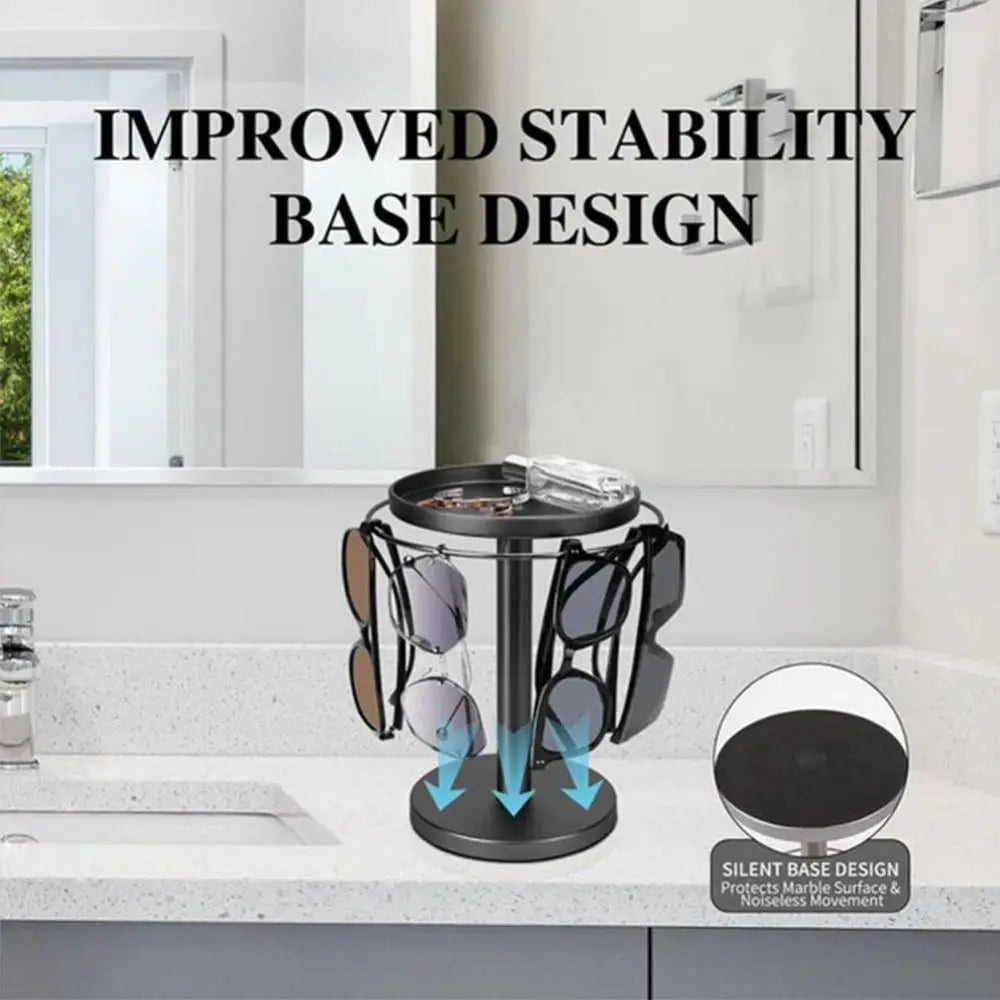 360° Rotating Glasses Stand Organizer Stainless Steel with Tray Eyeglass Display Rack Easy to Install Removable