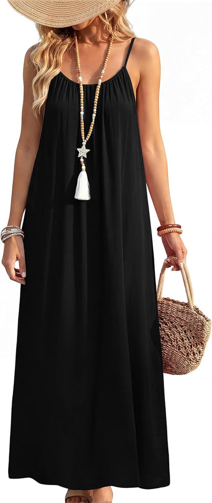 Summer Dresses for Women 2026 Backless Cami Maxi Sundresses Spaghetti Strap Beach Vacation Clothes Swimsuit Coverup