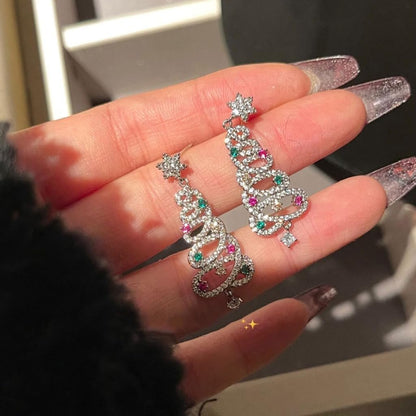 Trendy Zircon Christmas Tree Stud Earrings for Women Crystal Star Dangle Earring Ear Jewelry Wedding Party Eardrop Gift
