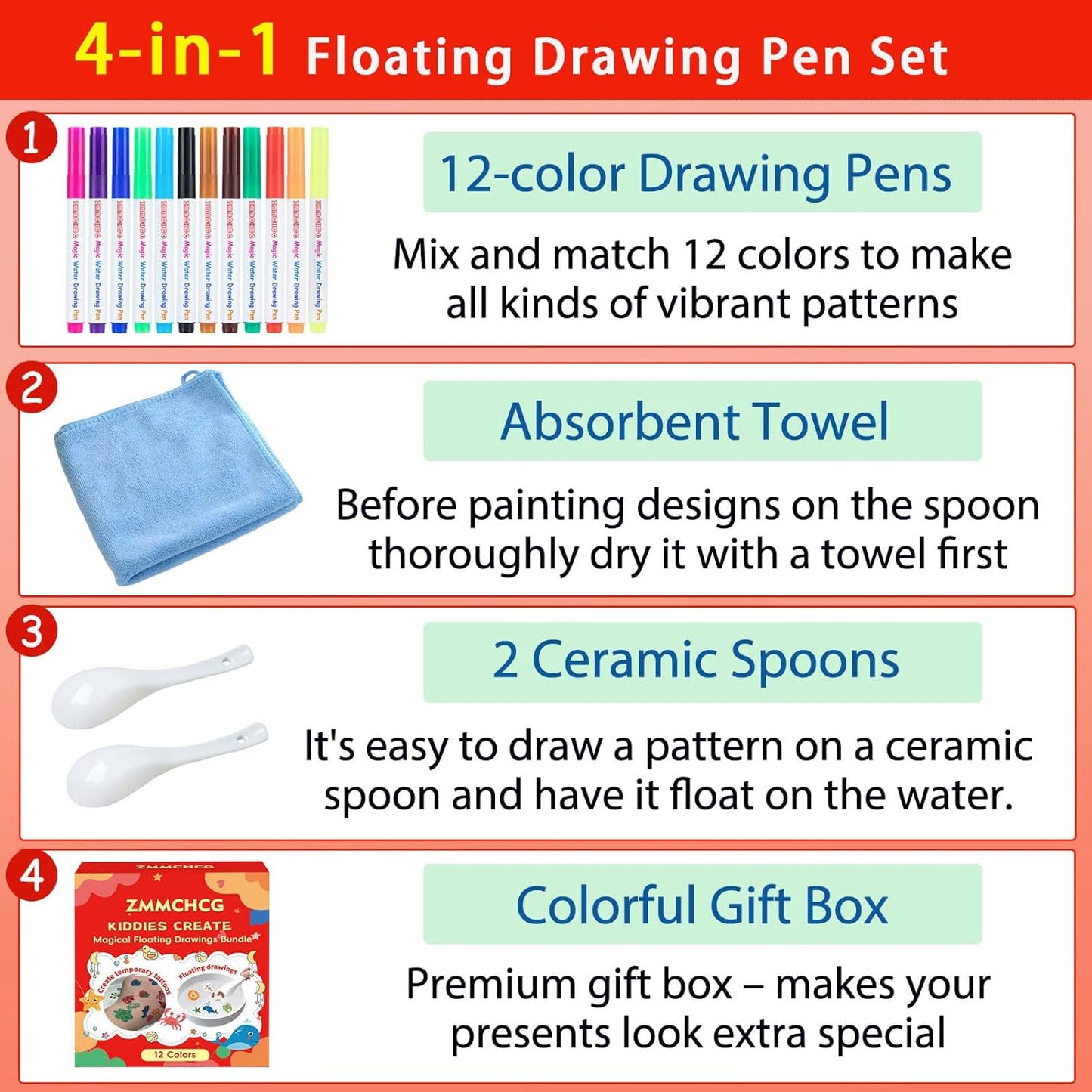 Kiddies Create Magical Floating Drawings Bundle, Magical Drawing Pens for Kids Water, Magic Water Painting Pen Set for Tattoos, DIY Art Ink Marker Kit with Spoons & Towel, Boys Girls Children'S Gifts