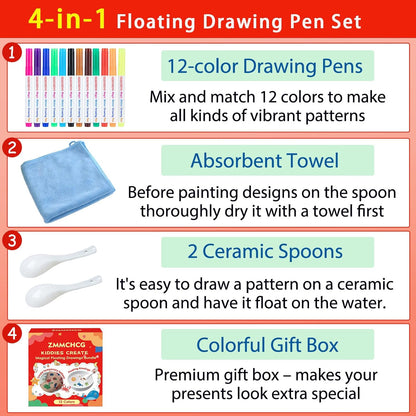 Kiddies Create Magical Floating Drawings Bundle, Magical Drawing Pens for Kids Water, Magic Water Painting Pen Set for Tattoos, DIY Art Ink Marker Kit with Spoons & Towel, Boys Girls Children'S Gifts