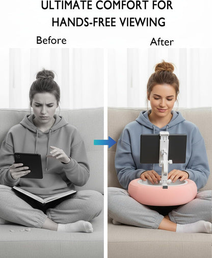 Tablet Pillow Stand, Compatible with 5"-12.9" Kindle, Ipad, Phone/Tablet, Google, Samsung, 360° Rotating Phone Holder for Bed, Soft Plush Fabric, Detachable Bowl, Reading and Relaxation on Bed, Pink