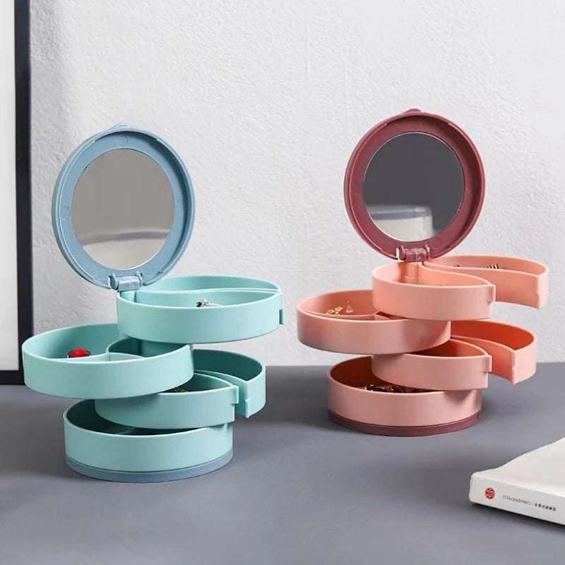 Rotating Four-Layer Jewelry Box Necklace Earrings Ring Bracelet Storage Organizer Multilayer Compartment Storage Box with Mirror