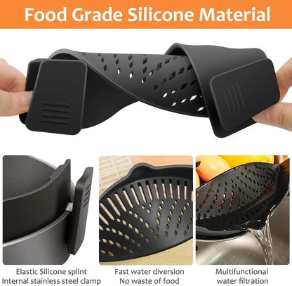 Clip on Strainer for Pots Pan Pasta Strainer, Silicone Food Strainer Hands-Free Pan Strainer, Clip-On Kitchen Food Strainer for Spaghetti, Pasta, Ground Beef Fits All Bowls and Pots (2P)