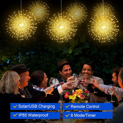 Solar Firework Lights Outdoor, 5 Pack 1000LED Solar Starburst Lights with Remote, 8 Modes Dimmable Waterproof Hanging Fairy Lights for Garden, Patio, Holiday Christmas Decor (Warm White)