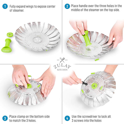 Zulay Adjustable Vegetable Steamer Baskets for Cooking - Foldable Steamer Basket (5.1" to 9") - Expandable Vegetable Steamer Basket Stainless Steel Fits Various Size Pots, Pans, & Pressure Cookers