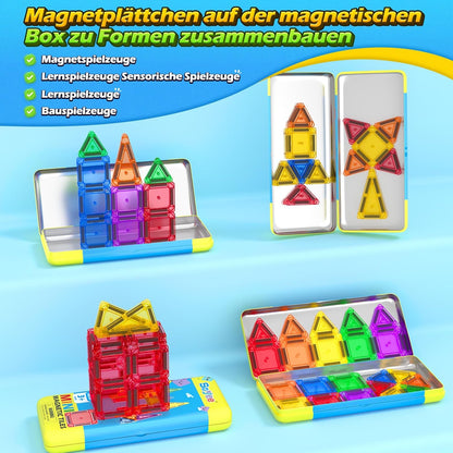 Mini Magnetic Tiles Travel Toddler Toys with Metal Tin Portable STEM Building Kids Toys for 3 4 5 6 7 8+ Years Old Boys & Girls & Birthday Gifts