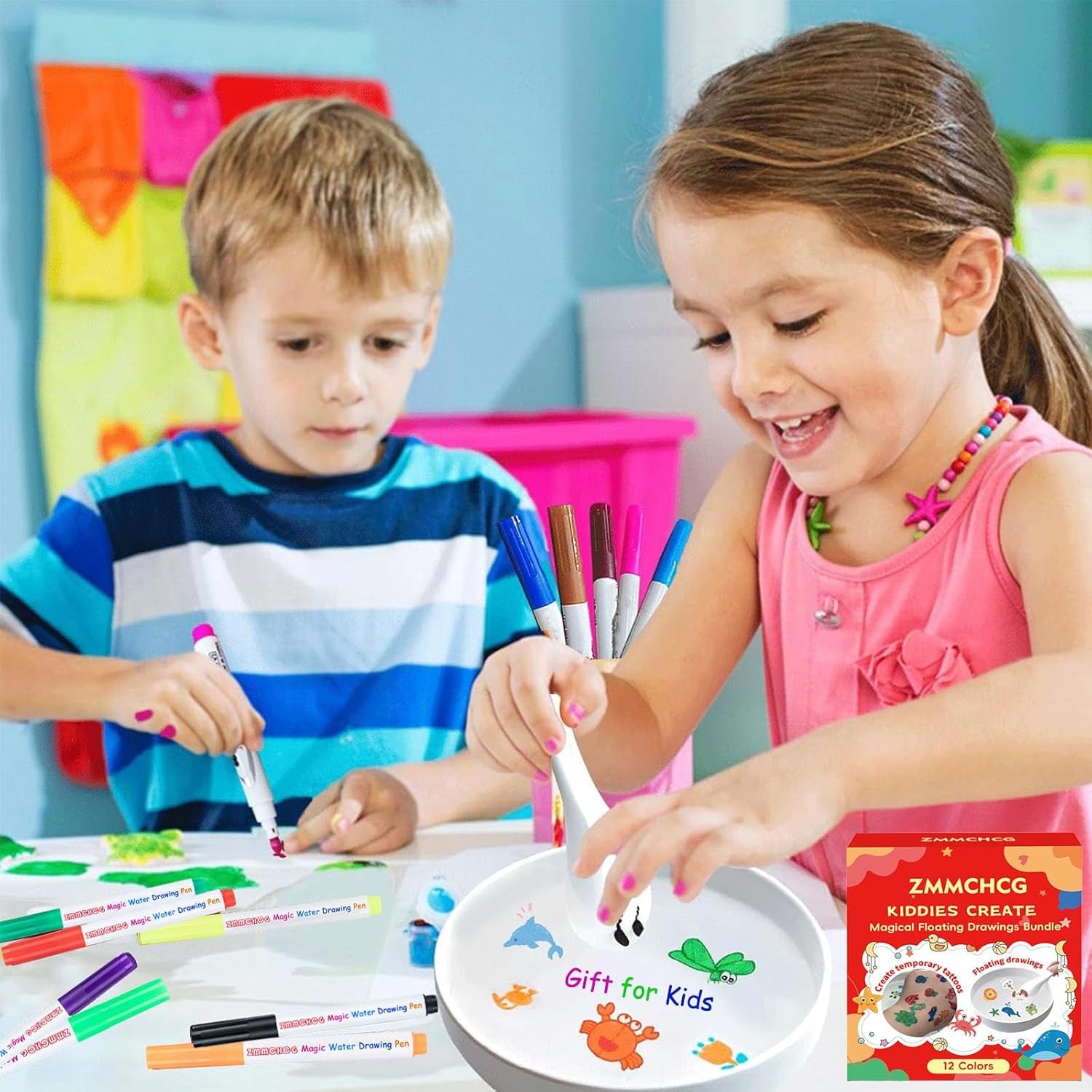 Kiddies Create Magical Floating Drawings Bundle, Magical Drawing Pens for Kids Water, Magic Water Painting Pen Set for Tattoos, DIY Art Ink Marker Kit with Spoons & Towel, Boys Girls Children'S Gifts