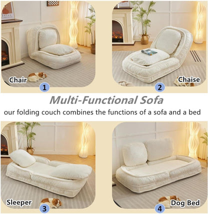 Foldable Lazy Sofa Bed, Polyester Upholstered Human Dog Bed for Adults and Pets, with 5 Adjustable Backrest Positions and 2 Soft Cushions for Living Room Bedroom, Beige | Breathable Materials