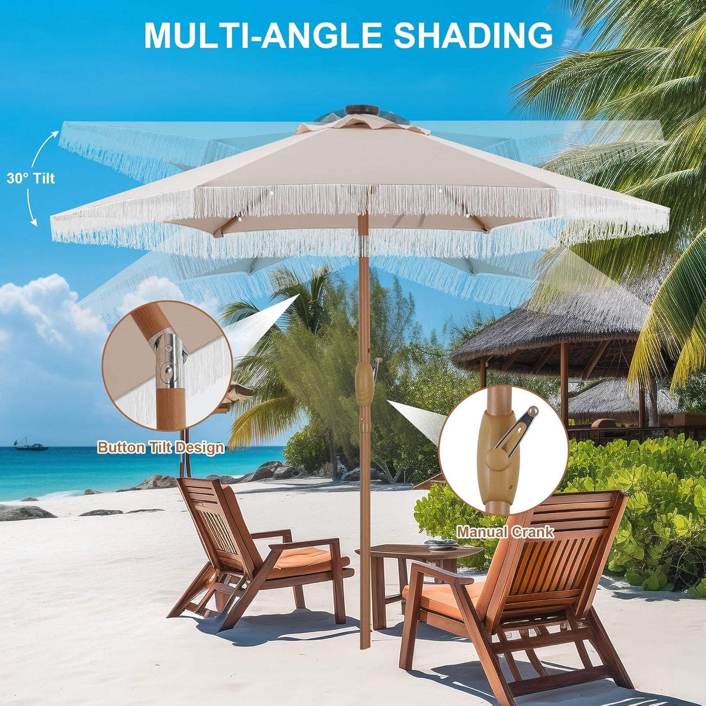 7.5 Ft Fringe Patio Umbrella with 18 LED Solar Lights ，Stylish Fringe Decor for Graden, Pool, Beach, Deck, Khaki