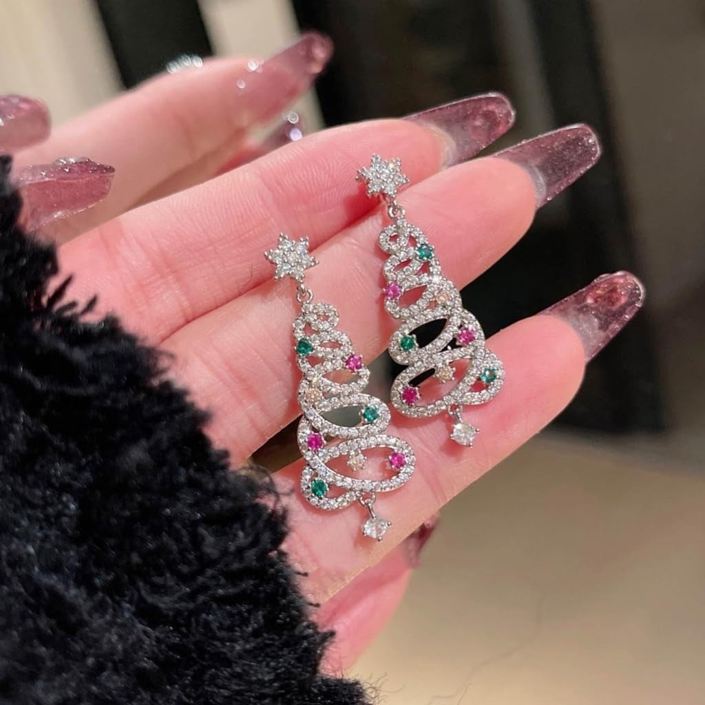 Trendy Zircon Christmas Tree Stud Earrings for Women Crystal Star Dangle Earring Ear Jewelry Wedding Party Eardrop Gift