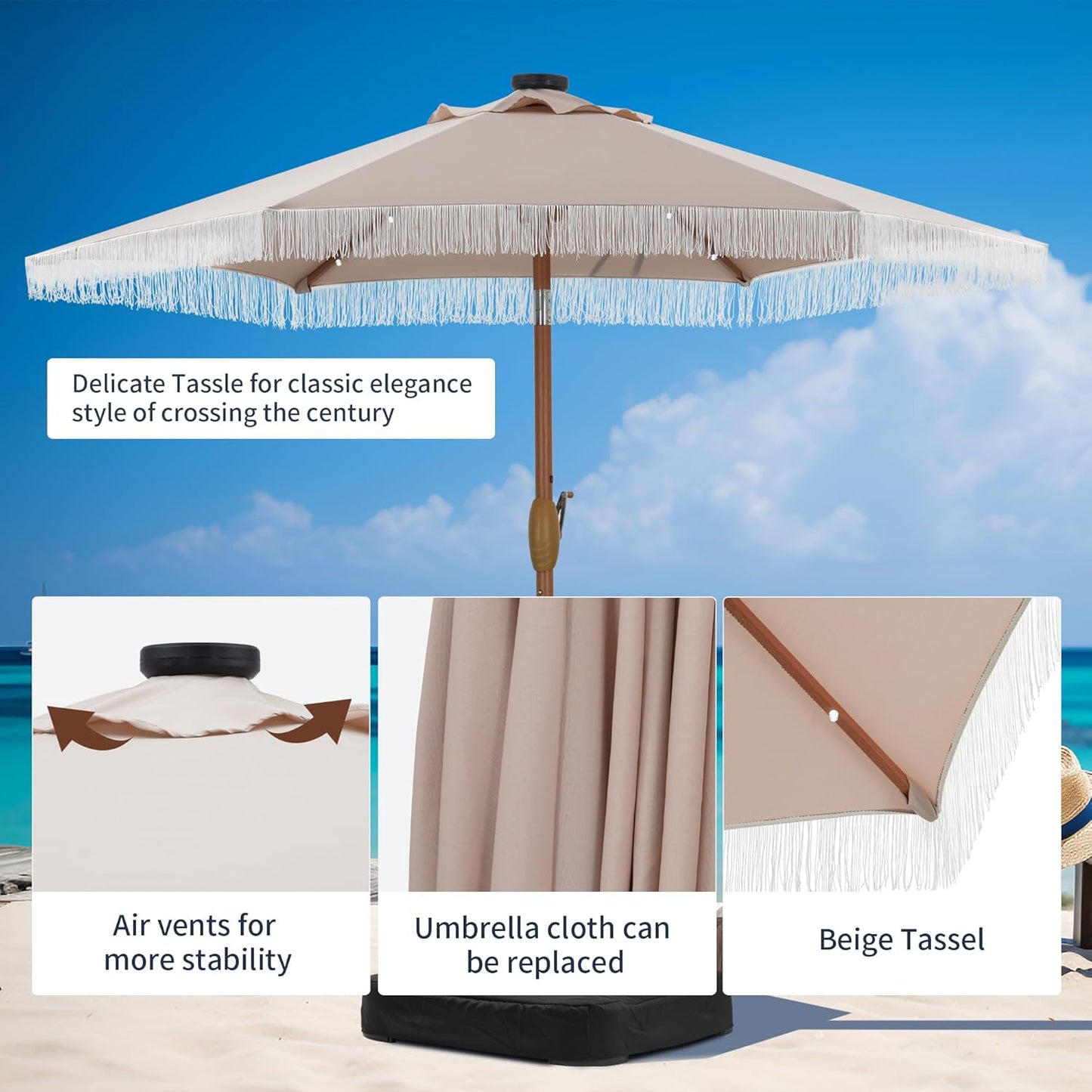 7.5 Ft Fringe Patio Umbrella with 18 LED Solar Lights ，Stylish Fringe Decor for Graden, Pool, Beach, Deck, Khaki