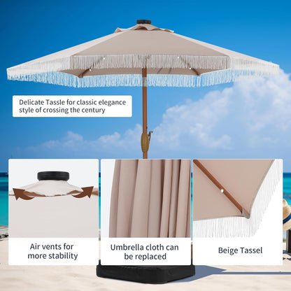 7.5 Ft Fringe Patio Umbrella with 18 LED Solar Lights ，Stylish Fringe Decor for Graden, Pool, Beach, Deck, Khaki