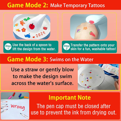 Kiddies Create Magical Floating Drawings Bundle, Magical Drawing Pens for Kids Water, Magic Water Painting Pen Set for Tattoos, DIY Art Ink Marker Kit with Spoons & Towel, Boys Girls Children'S Gifts