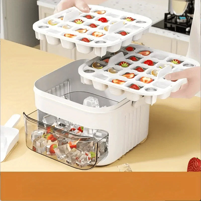 Asuwei 50-Cube Ice Maker Extra Large, Double-Layer Tray with Lid, Food-Safe Material, Easy Ice Release, Ideal for Parties Drinks
