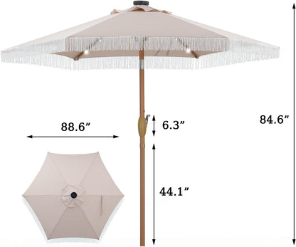 7.5 Ft Fringe Patio Umbrella with 18 LED Solar Lights ，Stylish Fringe Decor for Graden, Pool, Beach, Deck, Khaki
