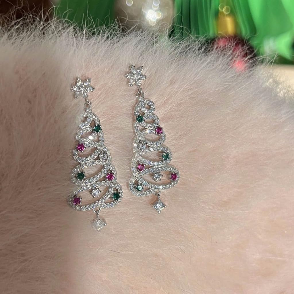 Trendy Zircon Christmas Tree Stud Earrings for Women Crystal Star Dangle Earring Ear Jewelry Wedding Party Eardrop Gift