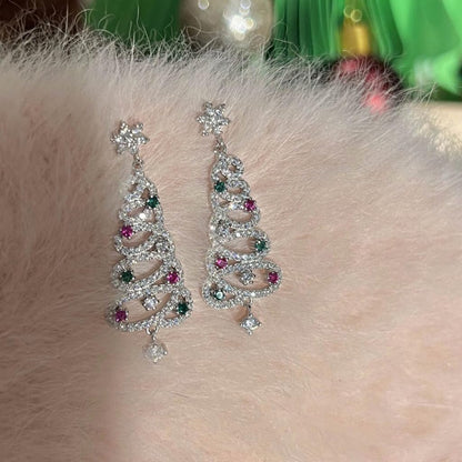 Trendy Zircon Christmas Tree Stud Earrings for Women Crystal Star Dangle Earring Ear Jewelry Wedding Party Eardrop Gift