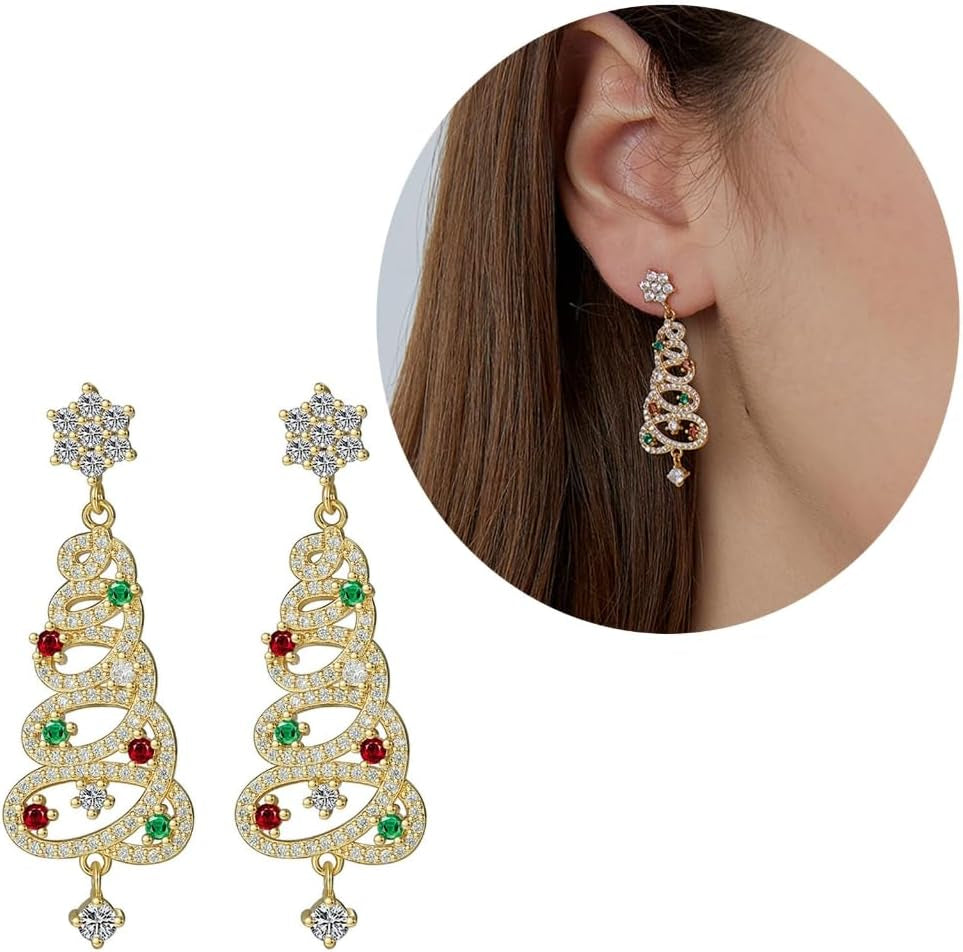 Trendy Zircon Christmas Tree Stud Earrings for Women Crystal Star Dangle Earring Ear Jewelry Wedding Party Eardrop Gift