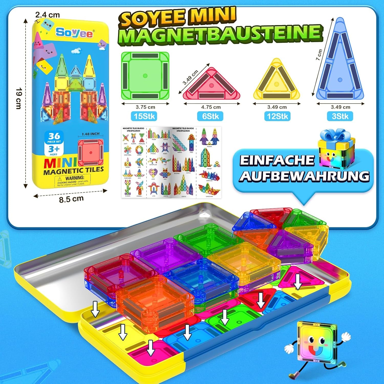 Mini Magnetic Tiles Travel Toddler Toys with Metal Tin Portable STEM Building Kids Toys for 3 4 5 6 7 8+ Years Old Boys & Girls & Birthday Gifts